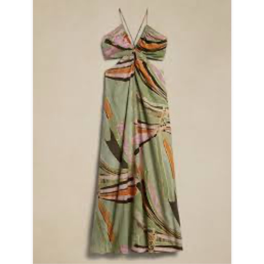 Banana Republic Linen Dress, Size 10P, Sage Green Multi